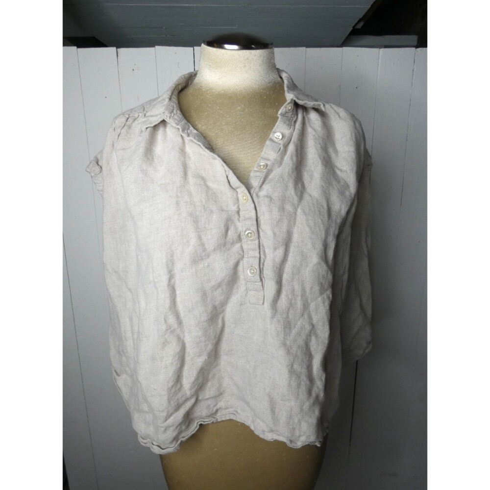 J. Crew x Baird McNutt Women's L 100% Linen Beige Top Boxy Cropped Button Up